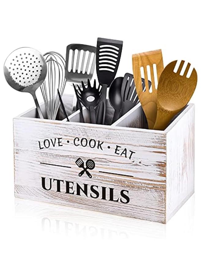 Wood Kitchen Utensil Caddy with 3 Compartments, Rustic Farmhouse Style, Ideal for Storage and Organization, White - Image 1